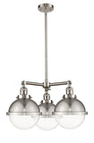 207-SN-HFS-82-SN 3-Light 22.125" Brushed Satin Nickel Chandelier - Clear Hampden Glass - LED Bulb - Dimmensions: 22.125 x 13 x 14.375<br>Minimum Height : 23.375<br>Maximum Height : 47.375 - Sloped Ceiling Compatible: Yes