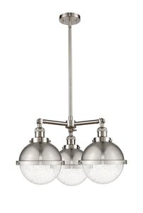 207-SN-HFS-84-SN 3-Light 22.125" Brushed Satin Nickel Chandelier - Seedy Hampden Glass - LED Bulb - Dimmensions: 22.125 x 13 x 14.375<br>Minimum Height : 23.375<br>Maximum Height : 47.375 - Sloped Ceiling Compatible: Yes
