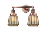 208-AC-G146 2-Light 16" Antique Copper Bath Vanity Light - Mercury Plated Chatham Glass - LED Bulb - Dimmensions: 16 x 10 x 10 - Glass Up or Down: Yes