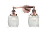 208-AC-G302 2-Light 16" Antique Copper Bath Vanity Light - Thick Clear Halophane Colton Glass - LED Bulb - Dimmensions: 16 x 7 x 11 - Glass Up or Down: Yes