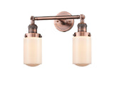208-AC-G311 2-Light 14" Antique Copper Bath Vanity Light - Matte White Cased Dover Glass - LED Bulb - Dimmensions: 14 x 7.5 x 10.75 - Glass Up or Down: Yes