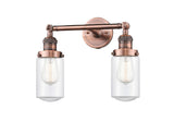 208-AC-G312 2-Light 14" Antique Copper Bath Vanity Light - Clear Dover Glass - LED Bulb - Dimmensions: 14 x 7.5 x 10.75 - Glass Up or Down: Yes