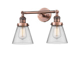 208-AC-G62 2-Light 16" Antique Copper Bath Vanity Light - Clear Small Cone Glass - LED Bulb - Dimmensions: 16 x 8 x 10 - Glass Up or Down: Yes