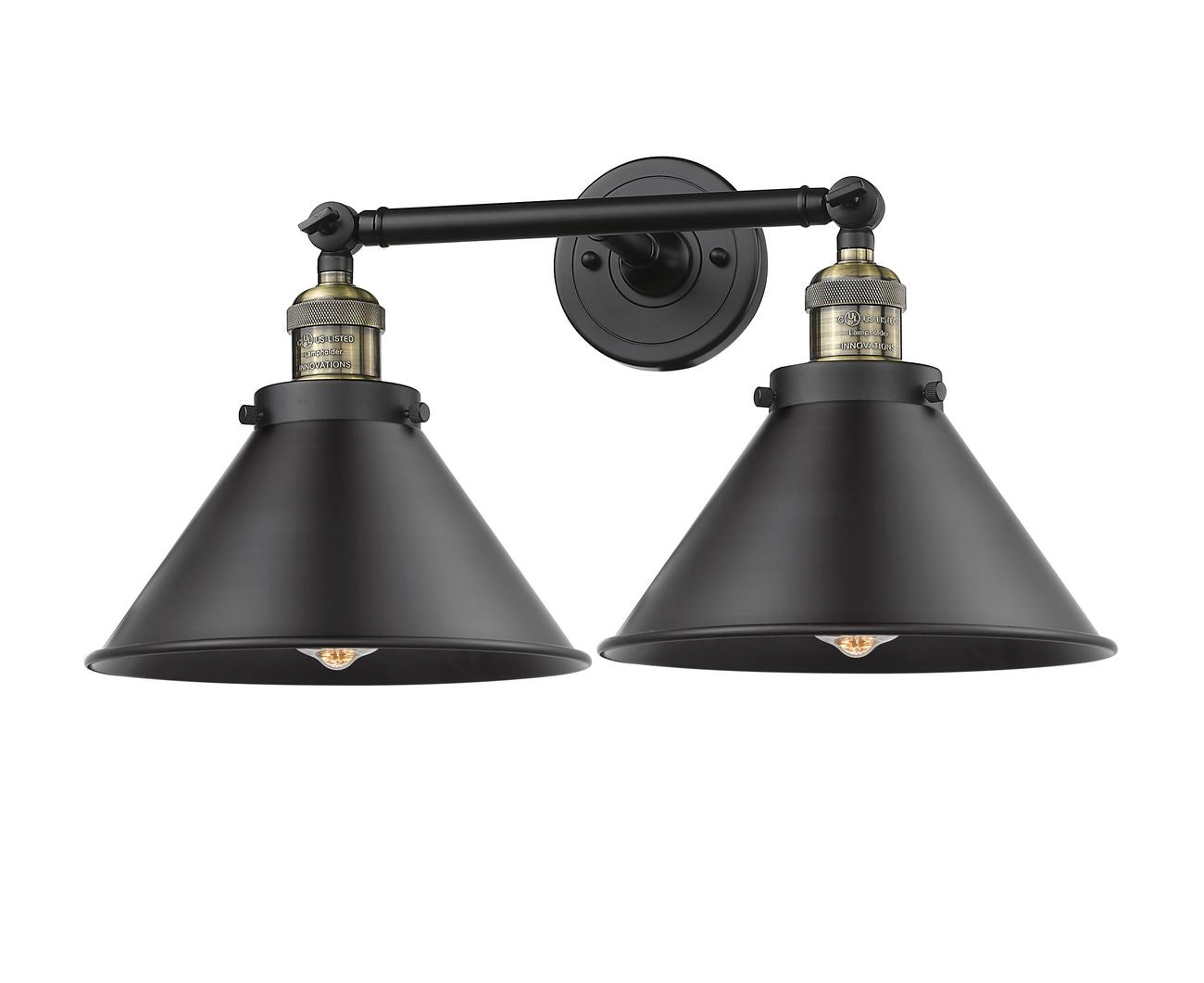 208-BAB-M10-BK 2-Light 19" Black Antique Brass Bath Vanity Light - Matte Black Briarcliff Shade - LED Bulb - Dimmensions: 19 x 11 x 9 - Glass Up or Down: Yes