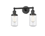 208-OB-G312 2-Light 14" Oil Rubbed Bronze Bath Vanity Light - Clear Dover Glass - LED Bulb - Dimmensions: 14 x 7.5 x 10.75 - Glass Up or Down: Yes
