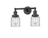 208-OB-G52 2-Light 16" Oil Rubbed Bronze Bath Vanity Light - Clear Small Bell Glass - LED Bulb - Dimmensions: 16 x 8 x 10 - Glass Up or Down: Yes