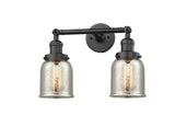 208-OB-G58 2-Light 15" Oil Rubbed Bronze Bath Vanity Light - Silver Plated Mercury Small Bell Glass - LED Bulb - Dimmensions: 15 x 8 x 12 - Glass Up or Down: Yes