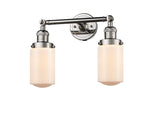 208-PN-G311 2-Light 14" Polished Nickel Bath Vanity Light - Matte White Cased Dover Glass - LED Bulb - Dimmensions: 14 x 7.5 x 10.75 - Glass Up or Down: Yes