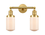 208-SG-G311 2-Light 14" Satin Gold Bath Vanity Light - Matte White Cased Dover Glass - LED Bulb - Dimmensions: 14 x 7.5 x 10.75 - Glass Up or Down: Yes
