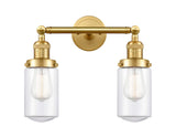 208-SG-G312 2-Light 14" Satin Gold Bath Vanity Light - Clear Dover Glass - LED Bulb - Dimmensions: 14 x 7.5 x 10.75 - Glass Up or Down: Yes