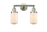 208-SN-G311 2-Light 14" Brushed Satin Nickel Bath Vanity Light - Matte White Cased Dover Glass - LED Bulb - Dimmensions: 14 x 7.5 x 10.75 - Glass Up or Down: Yes