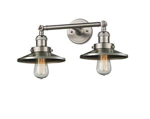 208-SN-M2 2-Light 18" Brushed Satin Nickel Bath Vanity Light - Brushed Satin Nickel Railroad Shade - LED Bulb - Dimmensions: 18 x 8 x 8 - Glass Up or Down: Yes