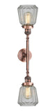 208L-AC-G142 2-Light 7" Antique Copper Bath Vanity Light - Clear Chatham Glass - LED Bulb - Dimmensions: 7 x 10 x 32.375 - Glass Up or Down: Yes