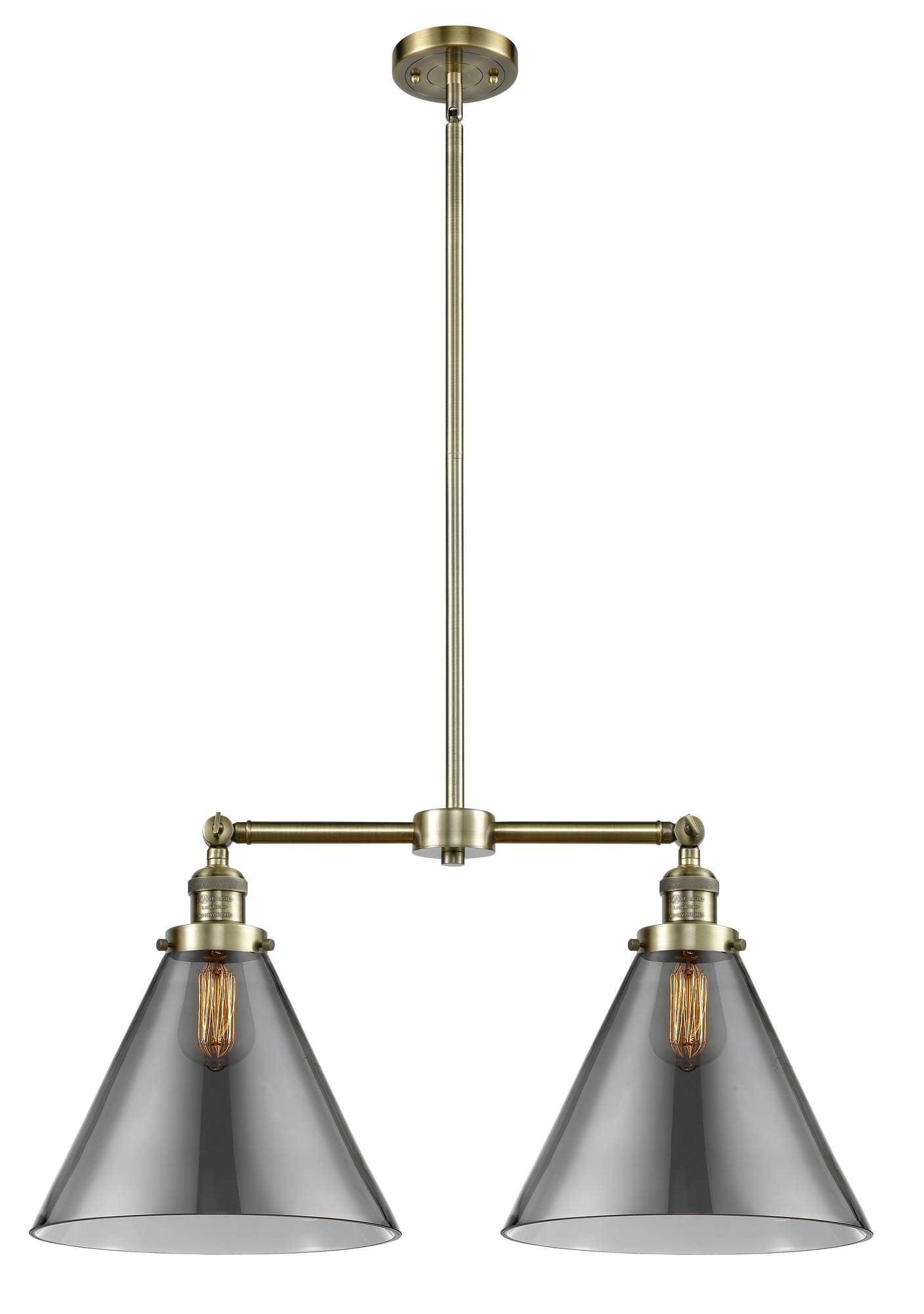 2-Light 21" Cone Island Light - Plated Smoke Cone 12" Glass - Choice of Finish And Incandesent Or LED Bulbs