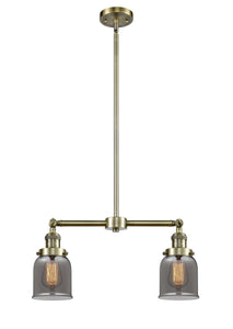 2-Light 21" Brushed Satin Nickel Island Light - Plated Smoke Small Bell Glass LED