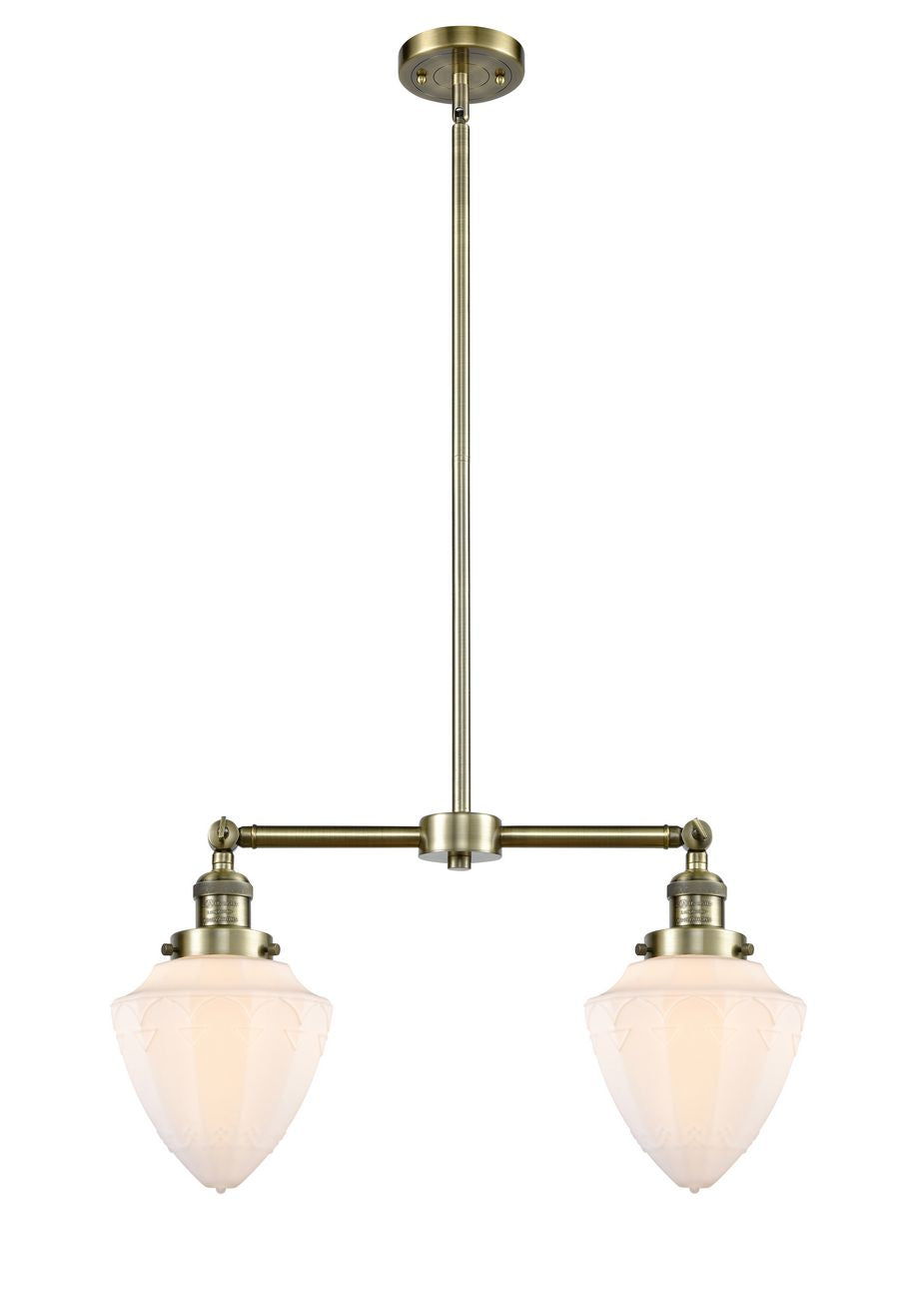 209-AB-G661-7 2-Light 22" Antique Brass Island Light - Matte White Cased Small Bullet Glass - LED Bulb - Dimmensions: 22 x 7 x 15.25<br>Minimum Height : 24.25<br>Maximum Height : 48.25 - Sloped Ceiling Compatible: Yes