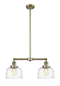 2-Light 21" Antique Brass Island Light - Clear Deco Swirl Large Bell Glass - LED Bulbs Included