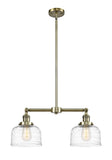 2-Light 21" Antique Brass Island Light - Clear Deco Swirl Large Bell Glass - LED Bulbs Included