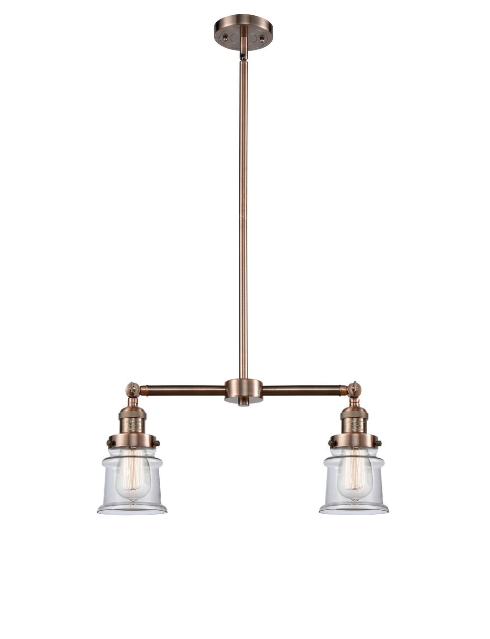 209-AC-G182S 2-Light 21" Antique Copper Island Light - Clear Small Canton Glass - LED Bulb - Dimmensions: 21 x 5 x 10<br>Minimum Height : 20.625<br>Maximum Height : 44.625 - Sloped Ceiling Compatible: Yes