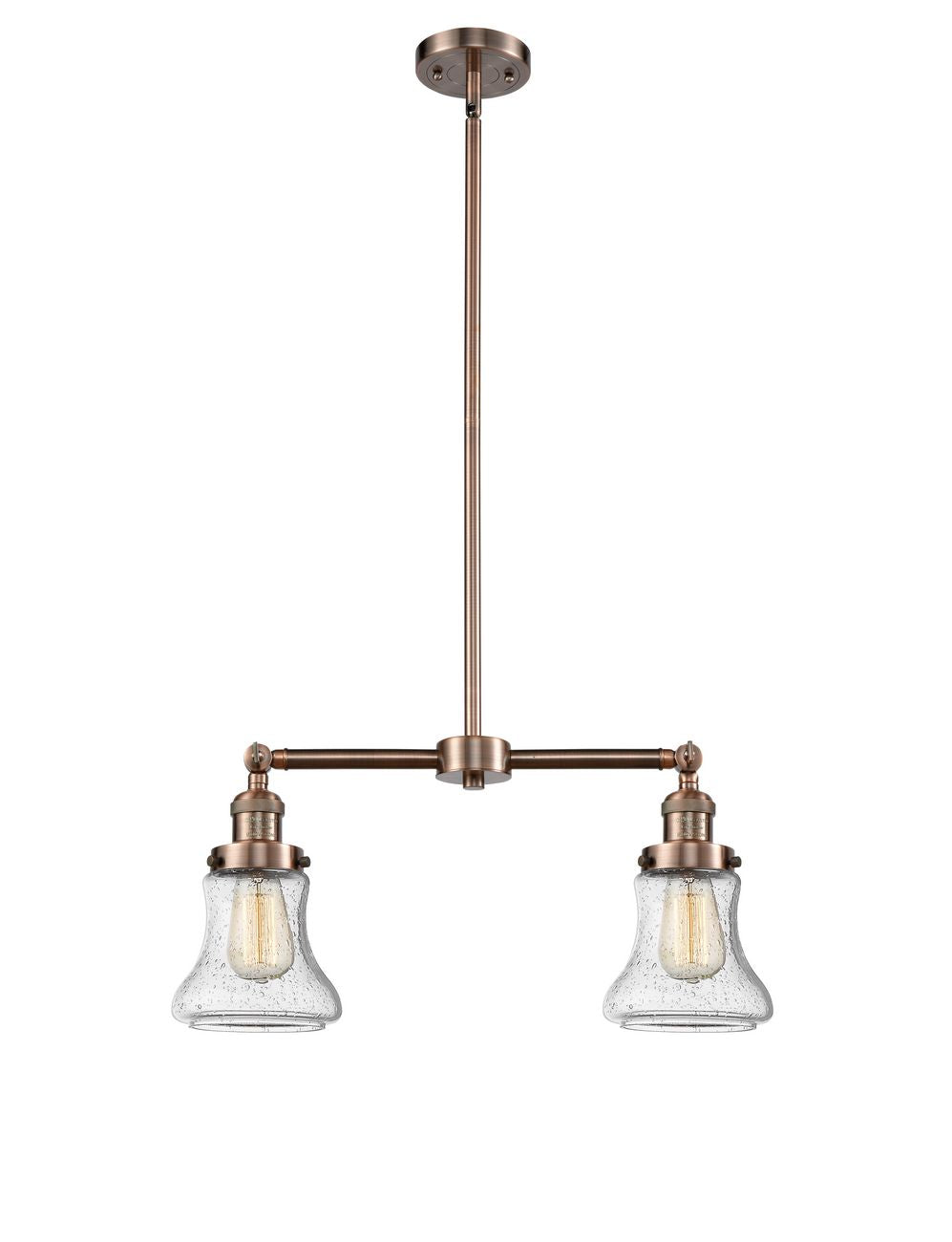 209-AC-G194 2-Light 21" Antique Copper Island Light - Seedy Bellmont Glass - LED Bulb - Dimmensions: 21 x 5 x 10<br>Minimum Height : 21.375<br>Maximum Height : 45.375 - Sloped Ceiling Compatible: Yes