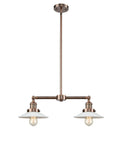 209-AC-G1 2-Light 21" Antique Copper Island Light - White Halophane Glass - LED Bulb - Dimmensions: 21 x 5 x 10<br>Minimum Height : 17.125<br>Maximum Height : 41.125 - Sloped Ceiling Compatible: Yes
