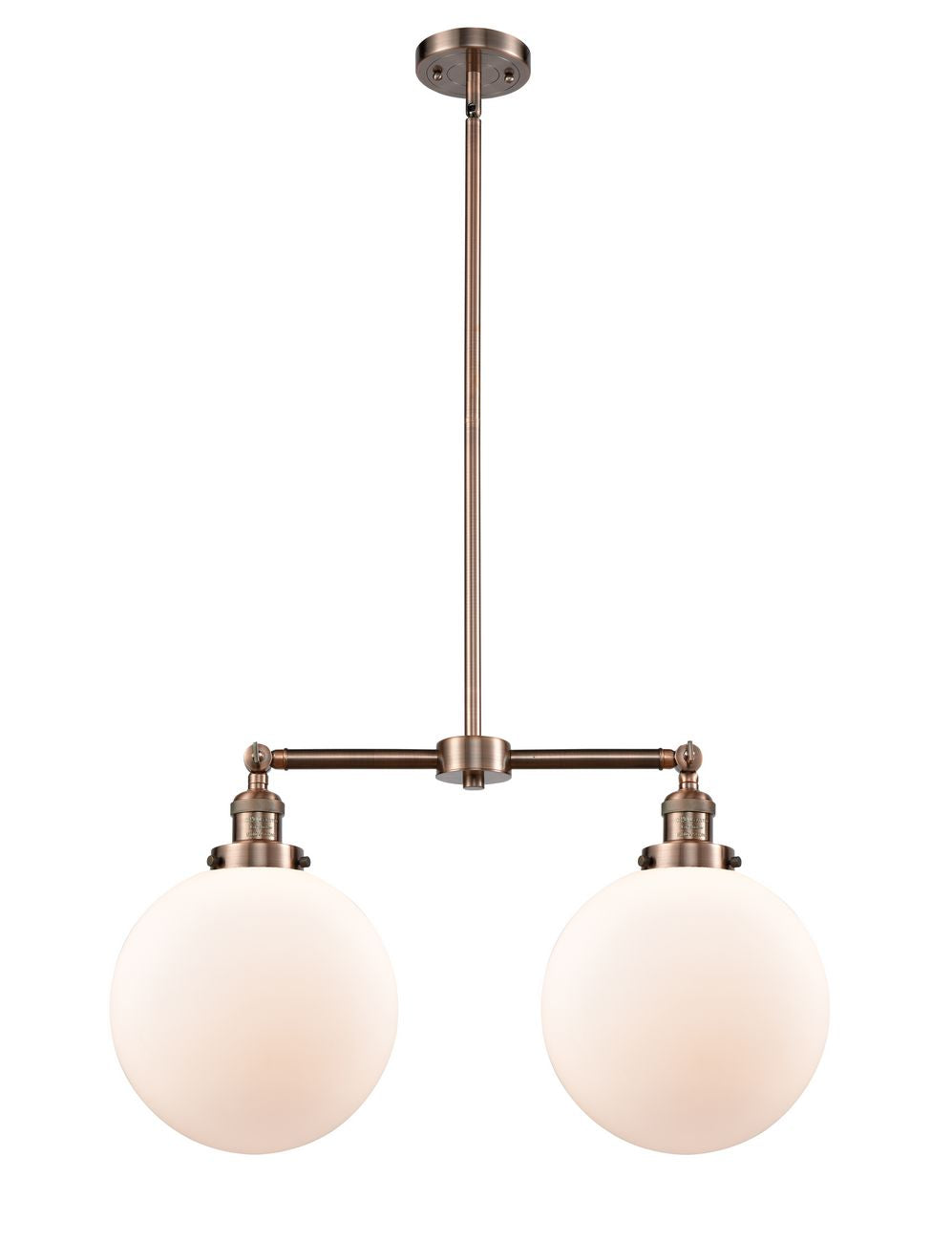 209-AC-G201-10 2-Light 25" Antique Copper Island Light - Matte White Cased Beacon Glass - LED Bulb - Dimmensions: 25 x 10 x 14<br>Minimum Height : 24.875<br>Maximum Height : 48.875 - Sloped Ceiling Compatible: Yes