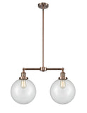 209-AC-G202-10 2-Light 25" Antique Copper Island Light - Clear Beacon Glass - LED Bulb - Dimmensions: 25 x 10 x 14<br>Minimum Height : 24.875<br>Maximum Height : 48.875 - Sloped Ceiling Compatible: Yes