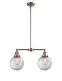209-AC-G202-8 2-Light 25" Antique Copper Island Light - Clear Beacon Glass - LED Bulb - Dimmensions: 25 x 8 x 12.5<br>Minimum Height : 22.875<br>Maximum Height : 46.875 - Sloped Ceiling Compatible: Yes