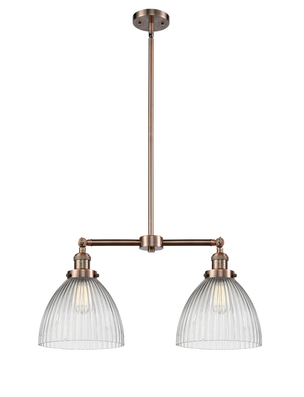 209-AC-G222 2-Light 21" Antique Copper Island Light - Clear Halophane Seneca Falls Glass - LED Bulb - Dimmensions: 21 x 5 x 10<br>Minimum Height : 23.125<br>Maximum Height : 47.125 - Sloped Ceiling Compatible: Yes