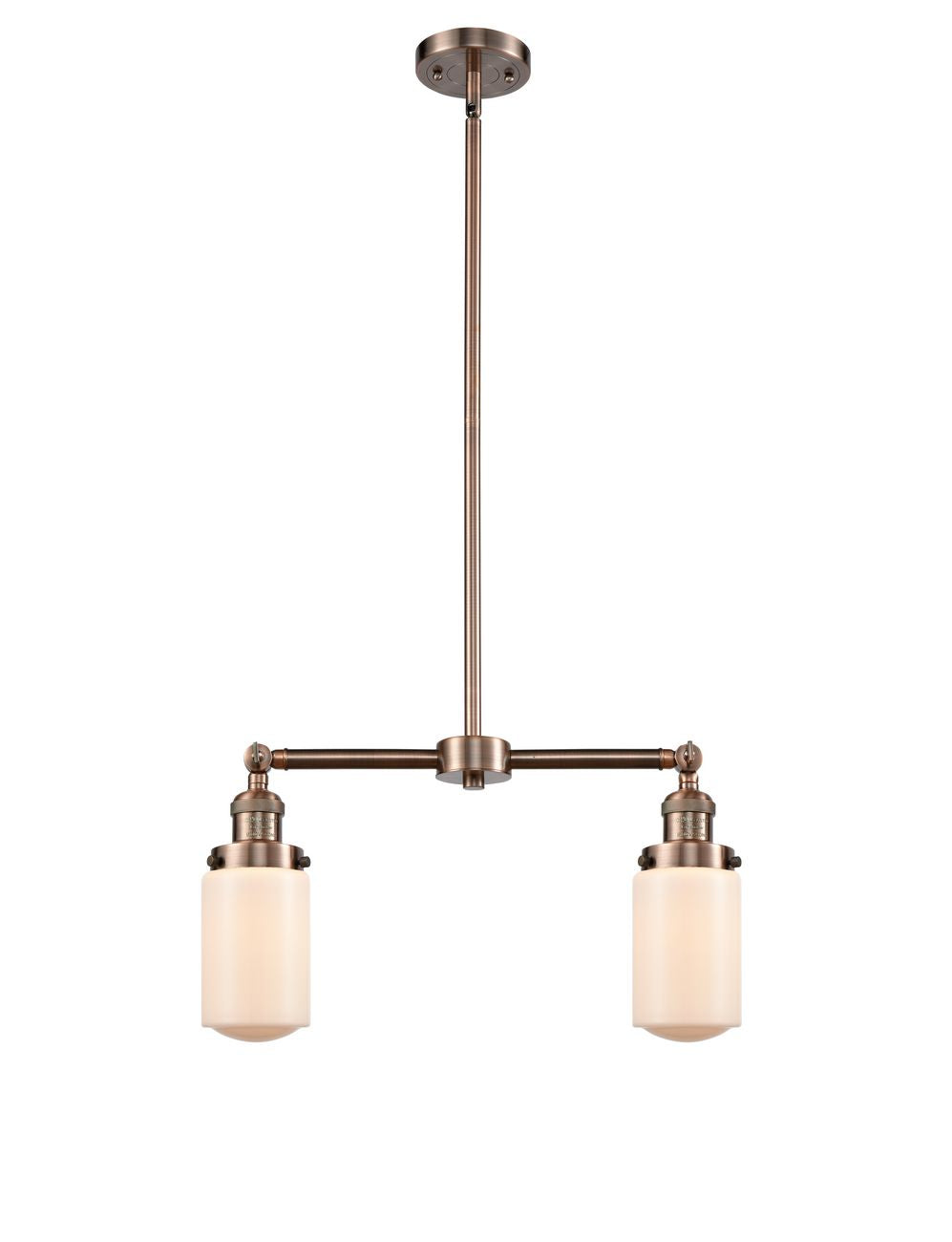 209-AC-G311 2-Light 21" Antique Copper Island Light - Matte White Cased Dover Glass - LED Bulb - Dimmensions: 21 x 4.5 x 10.75<br>Minimum Height : 21.625<br>Maximum Height : 44.625 - Sloped Ceiling Compatible: Yes