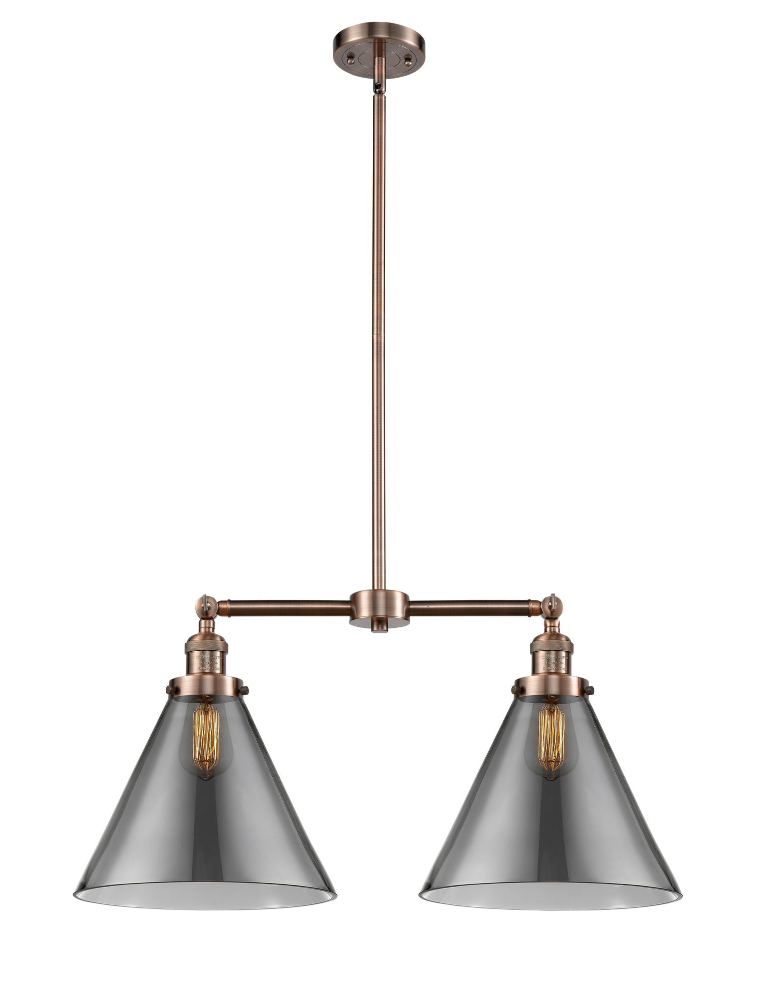 209-AC-G43-L 2-Light 21" Antique Copper Island Light - Plated Smoke Cone 12" Glass - LED Bulb - Dimmensions: 21 x 5 x 10<br>Minimum Height : 25.125<br>Maximum Height : 49.125 - Sloped Ceiling Compatible: Yes
