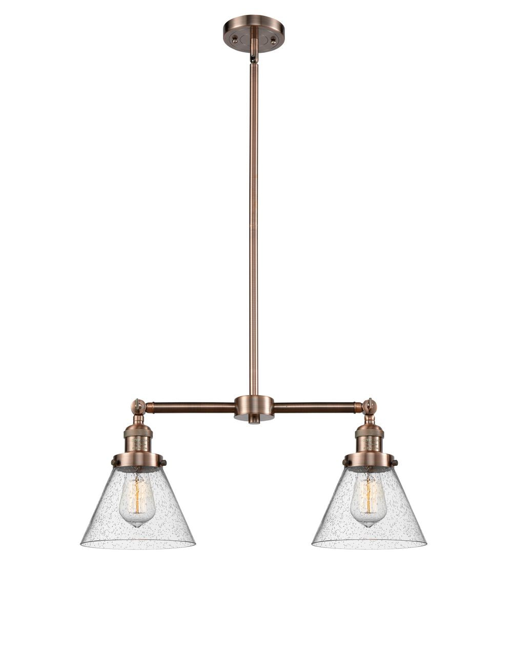 209-AC-G44 2-Light 21" Antique Copper Island Light - Seedy Large Cone Glass - LED Bulb - Dimmensions: 21 x 5 x 10<br>Minimum Height : 21.125<br>Maximum Height : 45.125 - Sloped Ceiling Compatible: Yes