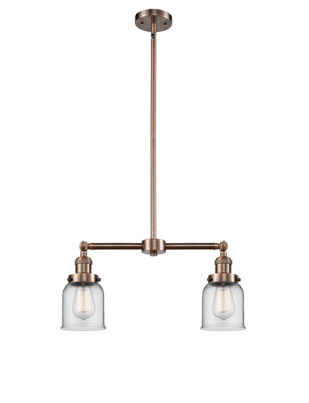 209-AC-G52 2-Light 21" Antique Copper Island Light - Clear Small Bell Glass - LED Bulb - Dimmensions: 21 x 5 x 10<br>Minimum Height : 20.875<br>Maximum Height : 44.875 - Sloped Ceiling Compatible: Yes