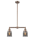 209-AC-G53 2-Light 21" Antique Copper Island Light - Plated Smoke Small Bell Glass - LED Bulb - Dimmensions: 21 x 5 x 10<br>Minimum Height : 20.875<br>Maximum Height : 44.875 - Sloped Ceiling Compatible: Yes
