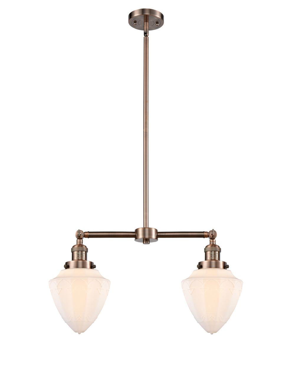 209-AC-G661-7 2-Light 24" Antique Copper Island Light - Matte White Cased Small Bullet Glass - LED Bulb - Dimmensions: 24 x 7 x 15.25<br>Minimum Height : 24.25<br>Maximum Height : 48.25 - Sloped Ceiling Compatible: Yes