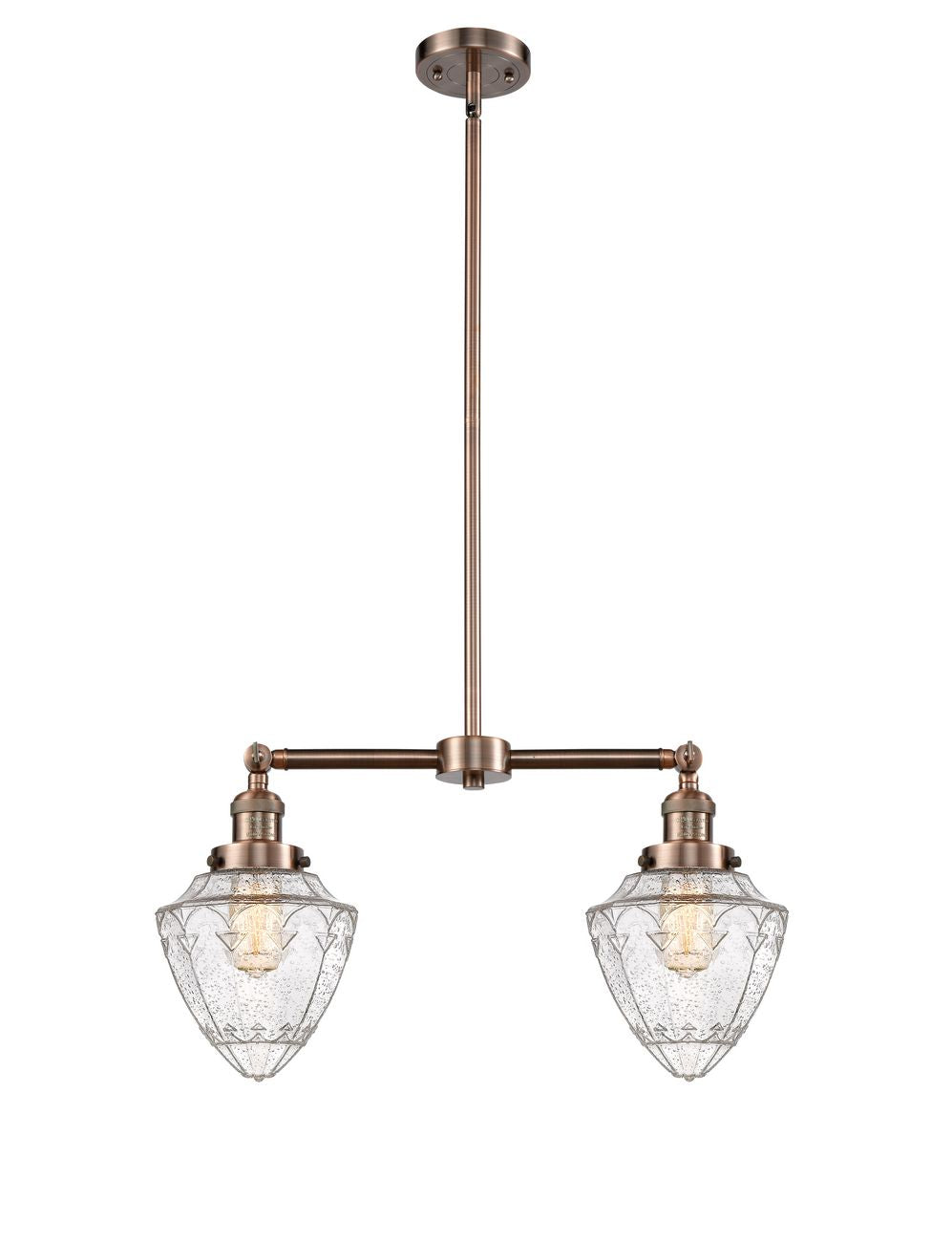 209-AC-G664-7 2-Light 24" Antique Copper Island Light - Seedy Small Bullet Glass - LED Bulb - Dimmensions: 24 x 7 x 15.25<br>Minimum Height : 24.25<br>Maximum Height : 48.25 - Sloped Ceiling Compatible: Yes