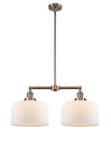 209-AC-G71-L 2-Light 21" Antique Copper Island Light - Matte White Cased X-Large Bell Glass - LED Bulb - Dimmensions: 21 x 5 x 10<br>Minimum Height : 23.125<br>Maximum Height : 47.125 - Sloped Ceiling Compatible: Yes