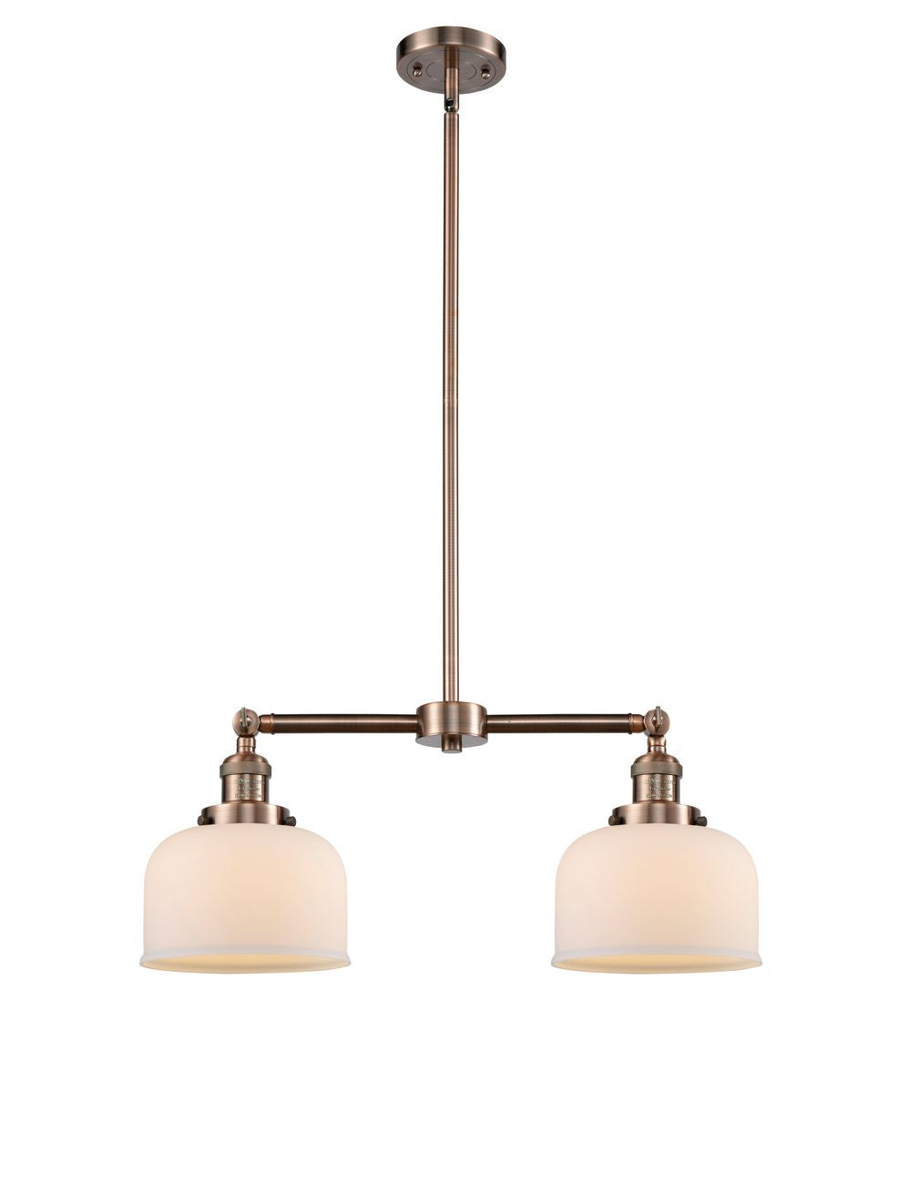 209-AC-G71 2-Light 21" Antique Copper Island Light - Matte White Cased Large Bell Glass - LED Bulb - Dimmensions: 21 x 5 x 10<br>Minimum Height : 20.875<br>Maximum Height : 44.875 - Sloped Ceiling Compatible: Yes