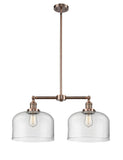 209-AC-G72-L 2-Light 21" Antique Copper Island Light - Clear X-Large Bell Glass - LED Bulb - Dimmensions: 21 x 5 x 10<br>Minimum Height : 23.125<br>Maximum Height : 47.125 - Sloped Ceiling Compatible: Yes