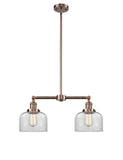 209-AC-G72 2-Light 21" Antique Copper Island Light - Clear Large Bell Glass - LED Bulb - Dimmensions: 21 x 5 x 10<br>Minimum Height : 20.875<br>Maximum Height : 44.875 - Sloped Ceiling Compatible: Yes