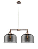 209-AC-G73-L 2-Light 21" Antique Copper Island Light - Plated Smoke X-Large Bell Glass - LED Bulb - Dimmensions: 21 x 5 x 10<br>Minimum Height : 23.125<br>Maximum Height : 47.125 - Sloped Ceiling Compatible: Yes