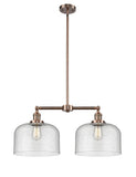 209-AC-G74-L 2-Light 21" Antique Copper Island Light - Seedy X-Large Bell Glass - LED Bulb - Dimmensions: 21 x 5 x 10<br>Minimum Height : 23.125<br>Maximum Height : 47.125 - Sloped Ceiling Compatible: Yes