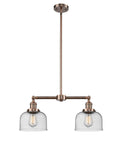 209-AC-G74 2-Light 21" Antique Copper Island Light - Seedy Large Bell Glass - LED Bulb - Dimmensions: 21 x 5 x 10<br>Minimum Height : 20.875<br>Maximum Height : 44.875 - Sloped Ceiling Compatible: Yes