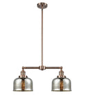 209-AC-G78 2-Light 24" Antique Copper Island Light - Silver Plated Mercury Large Bell Glass - LED Bulb - Dimmensions: 24 x 7.5 x 10<br>Minimum Height : 20.875<br>Maximum Height : 44.875 - Sloped Ceiling Compatible: Yes