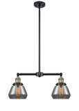 209-BAB-G173 2-Light 21" Black Antique Brass Island Light - Plated Smoke Fulton Glass - LED Bulb - Dimmensions: 21 x 5 x 10<br>Minimum Height : 20.375<br>Maximum Height : 44.375 - Sloped Ceiling Compatible: Yes