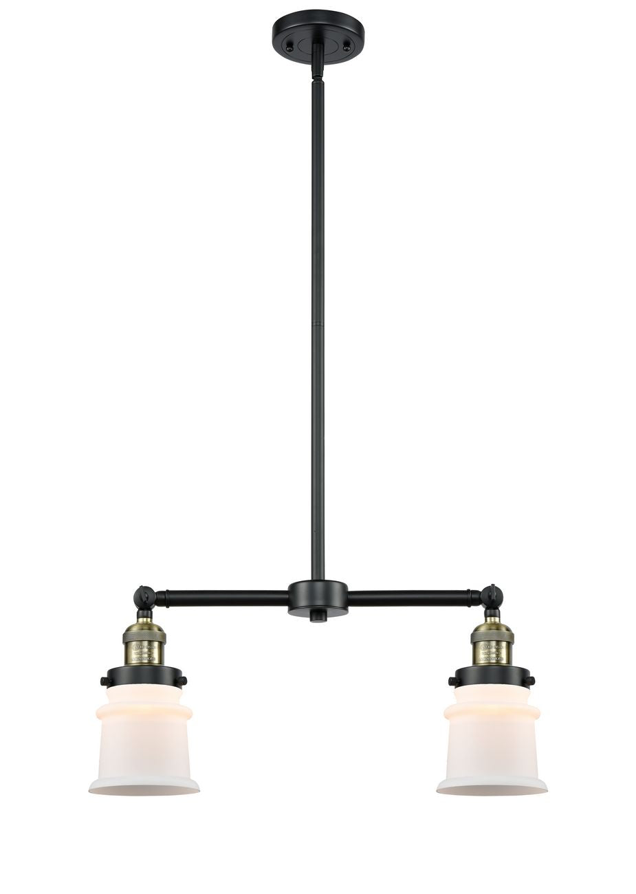 209-BAB-G181S 2-Light 21" Black Antique Brass Island Light - Matte White Small Canton Glass - LED Bulb - Dimmensions: 21 x 5 x 10<br>Minimum Height : 20.625<br>Maximum Height : 44.625 - Sloped Ceiling Compatible: Yes
