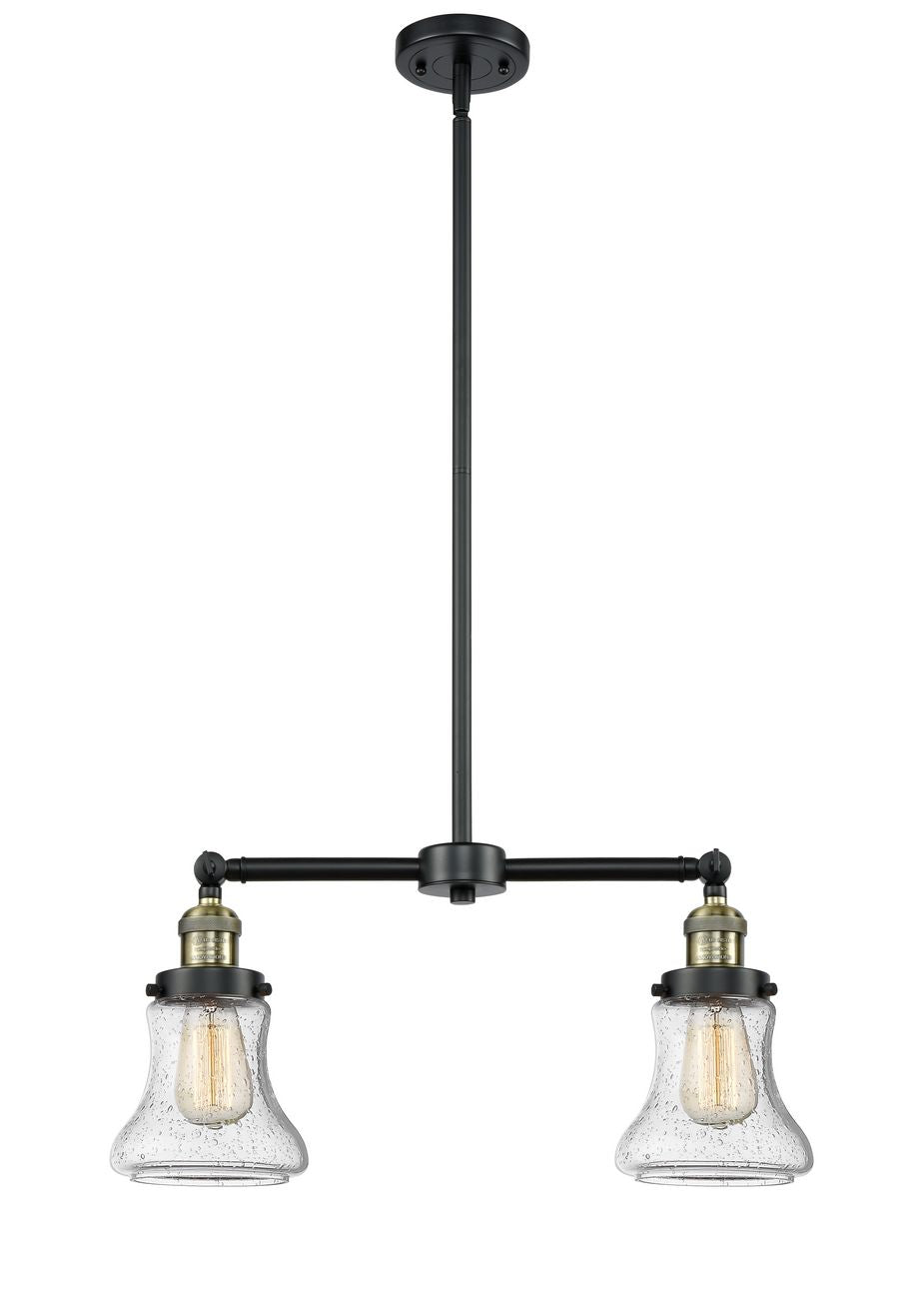 209-BAB-G194 2-Light 21" Black Antique Brass Island Light - Seedy Bellmont Glass - LED Bulb - Dimmensions: 21 x 5 x 10<br>Minimum Height : 21.375<br>Maximum Height : 45.375 - Sloped Ceiling Compatible: Yes