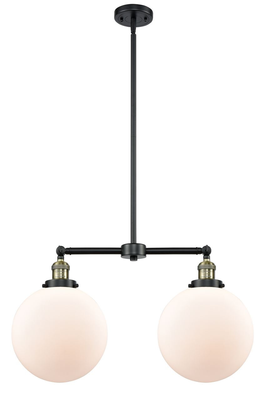 209-BAB-G201-10 2-Light 25" Black Antique Brass Island Light - Matte White Cased Beacon Glass - LED Bulb - Dimmensions: 25 x 10 x 14<br>Minimum Height : 24.875<br>Maximum Height : 48.875 - Sloped Ceiling Compatible: Yes