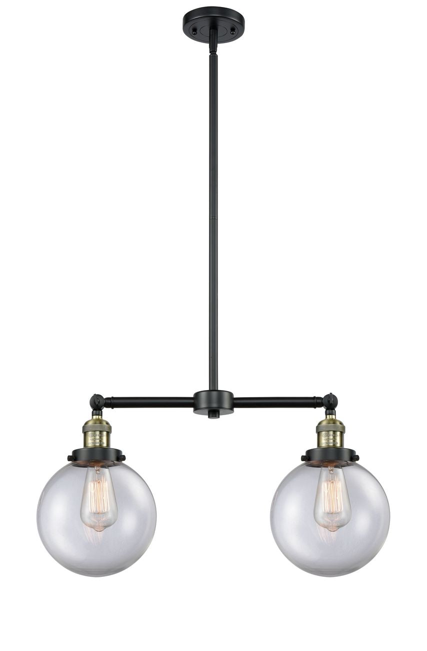 209-BAB-G202-8 2-Light 25" Black Antique Brass Island Light - Clear Beacon Glass - LED Bulb - Dimmensions: 25 x 8 x 12.5<br>Minimum Height : 22.875<br>Maximum Height : 46.875 - Sloped Ceiling Compatible: Yes