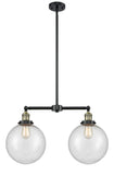 209-BAB-G204-10 2-Light 25" Black Antique Brass Island Light - Seedy Beacon Glass - LED Bulb - Dimmensions: 25 x 10 x 14<br>Minimum Height : 24.875<br>Maximum Height : 48.875 - Sloped Ceiling Compatible: Yes